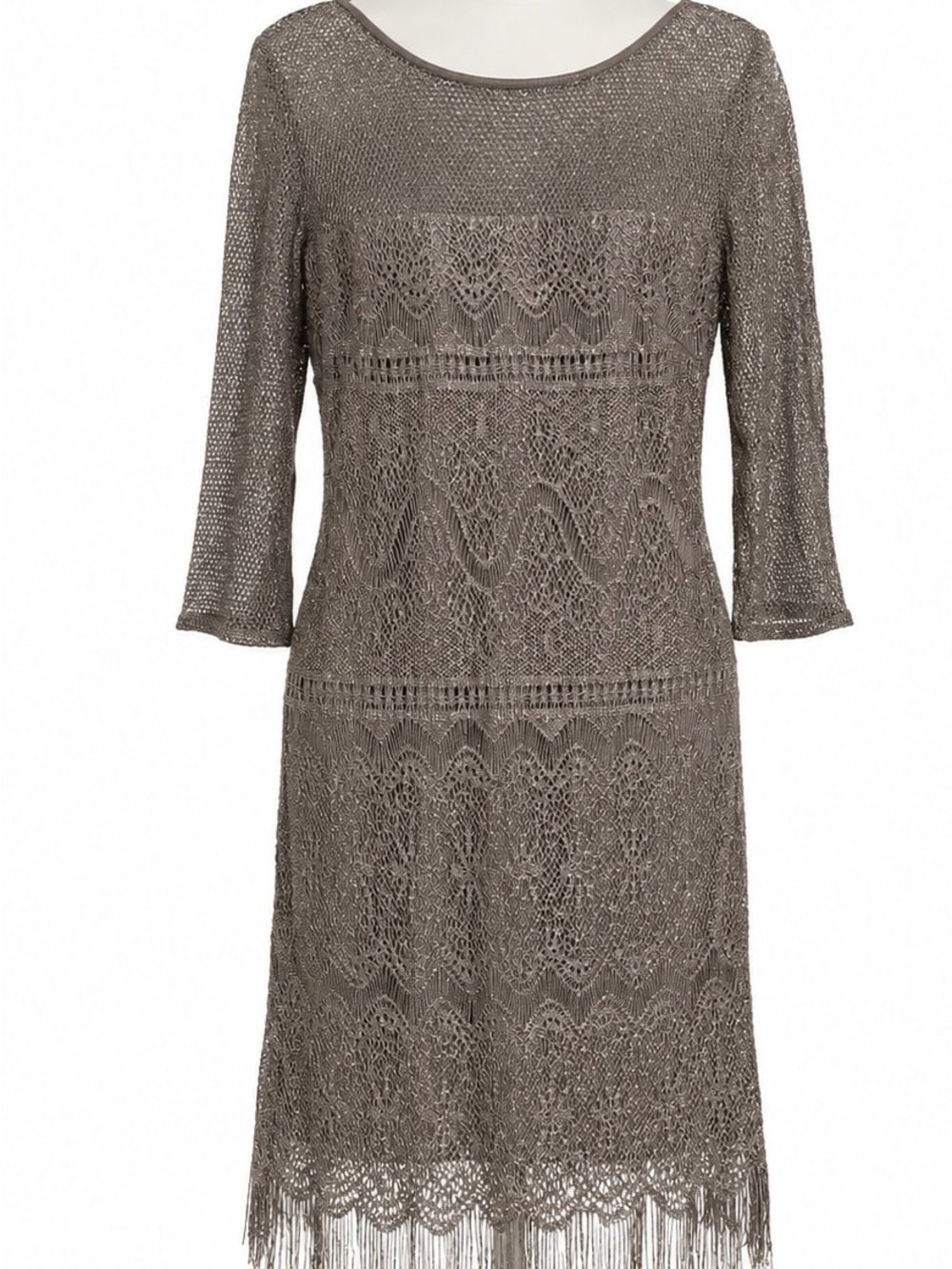 S.L. Fashions Taupe Crochet Lace Dress 10 - Mother of the Bride Fringe Midi 3/4